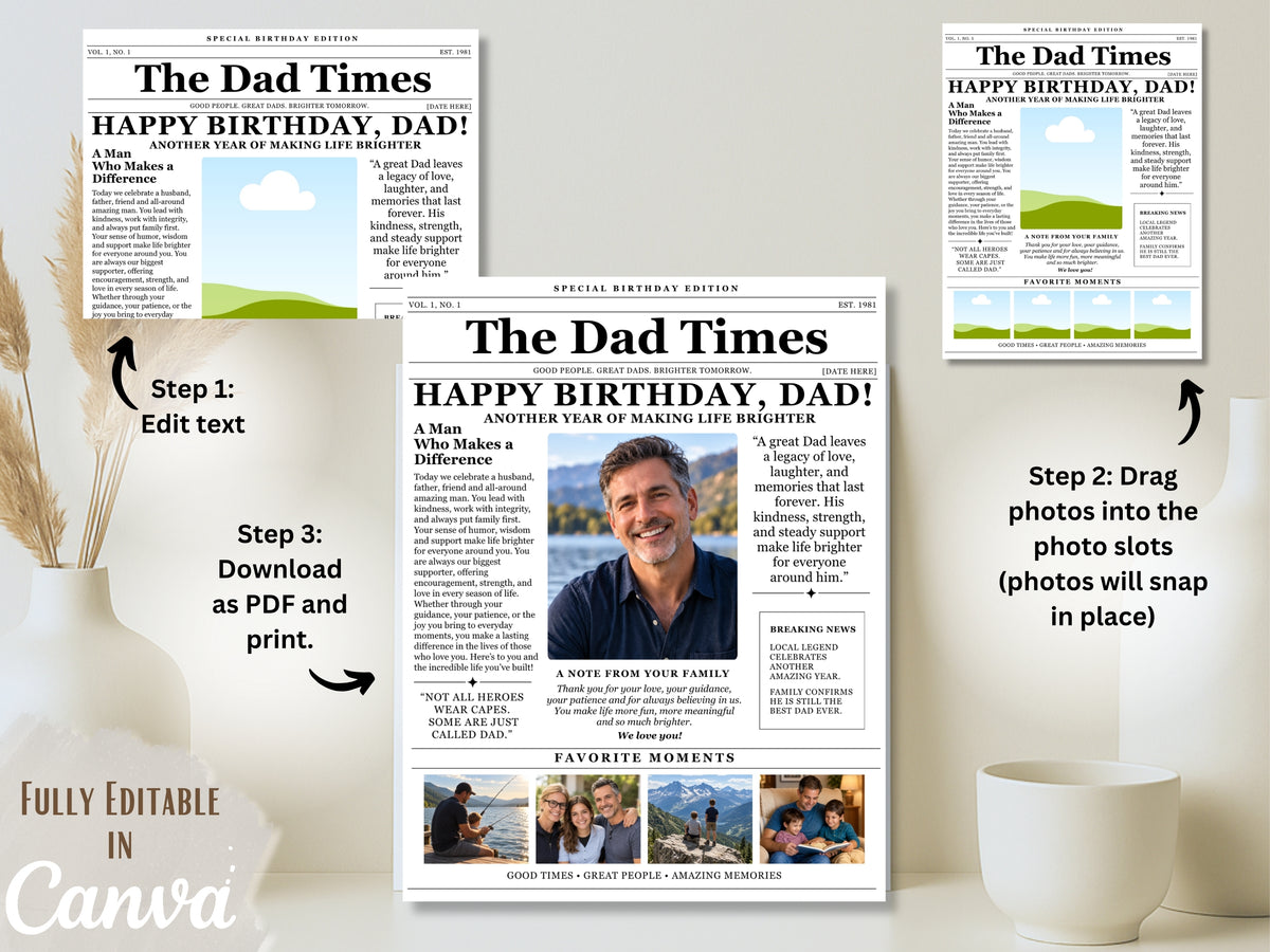 Birthday Newspaper Template for Dad | Editable Canva Gift