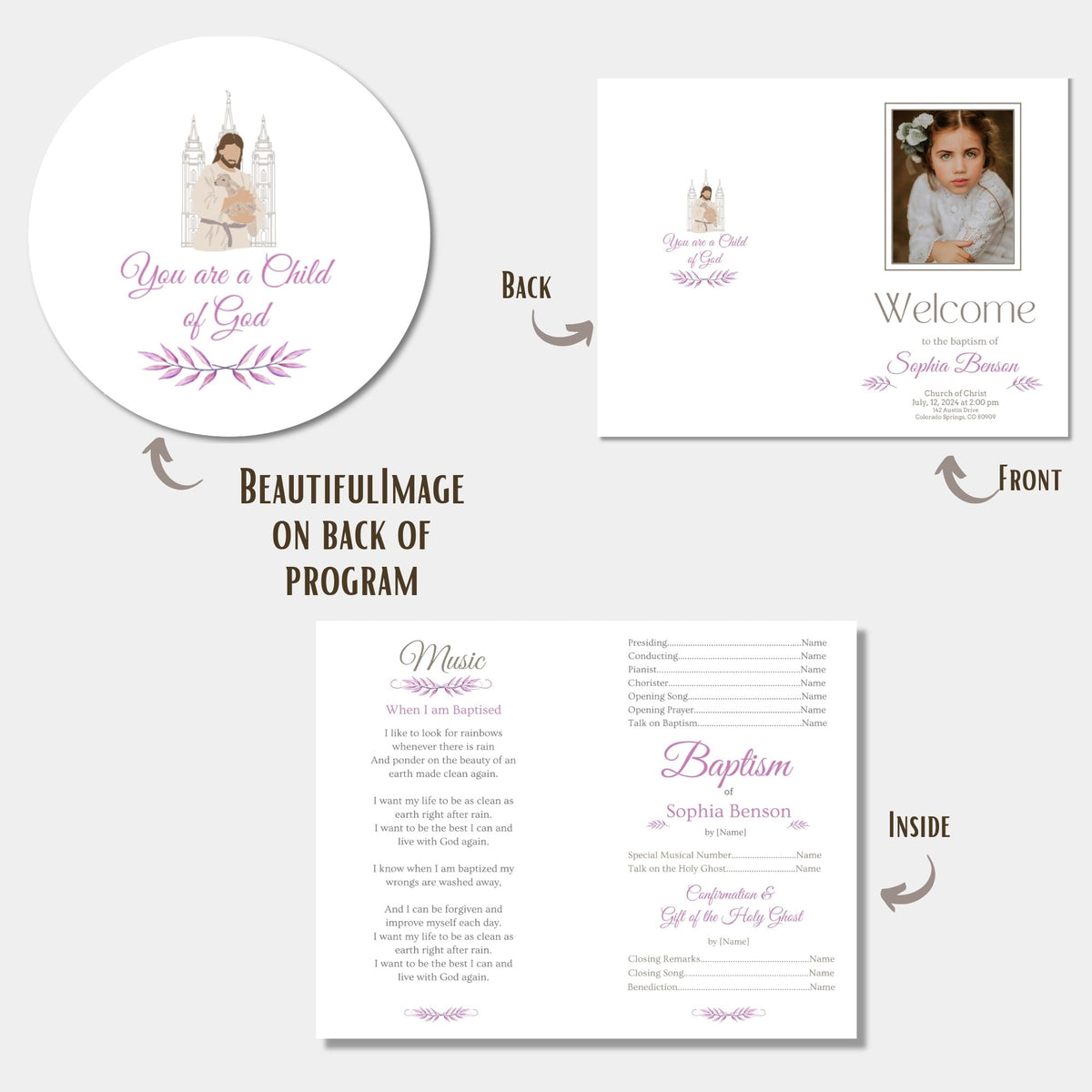 Editable LDS Baptism Program Template for Girls | Purple Floral Canva Template