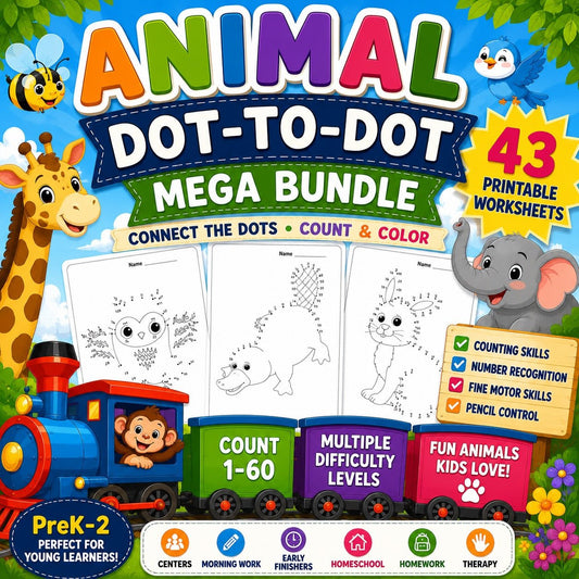 Animal Dot-to-Dot Activity Book | 43 Printable Connect-the-Dots Worksheets | PreK–2 – Digital Printable by Digital Kim Designs