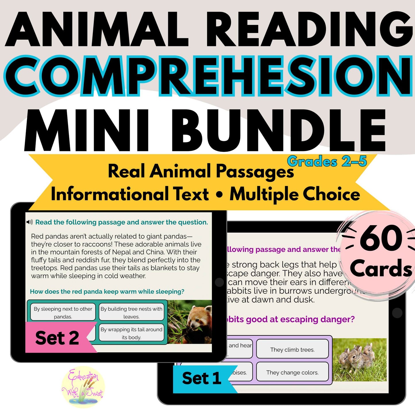 Animal Reading Comprehension Mini Bundle | Real Animal Passages Boom™ Cards – Digital Printable by Digital Kim Designs