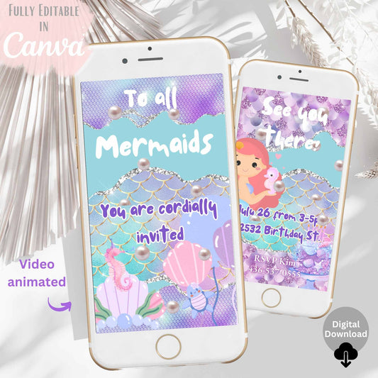 Animated Mermaid Birthday Invitation – Editable Canva Template – Phone Evite – Faith - Based Printable by Digital Kim Designs