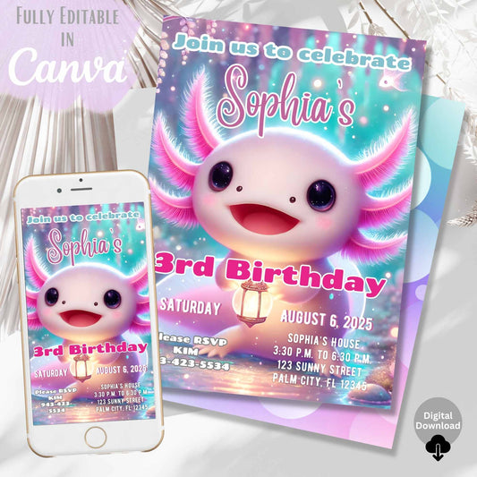 Axolotl Birthday Invitation – Editable Canva Template – Printable + Phone Evite – Faith - Based Printable by Digital Kim Designs