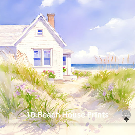 Beach House Watercolor Art Set | 10 Coastal Cottage Images – Digital Printable by Digital Kim Designs