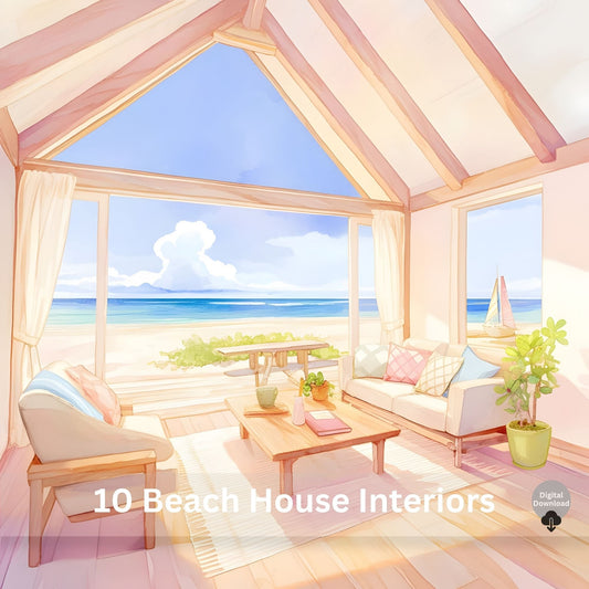 Beach House Watercolor Prints | 10 Coastal Cottage Interior JPEG Images – Digital Printable by Digital Kim Designs