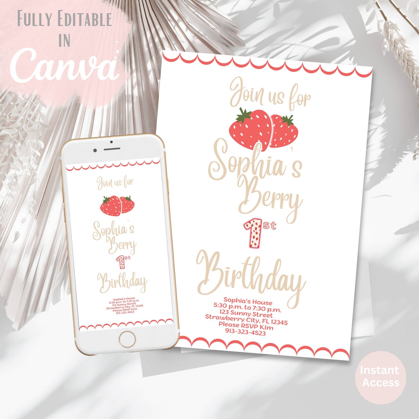 Berry First Birthday Invitation Template | Editable Canva Invitation – Digital Printable by Digital Kim Designs