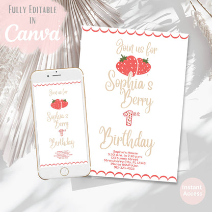 Berry First Birthday Invitation Template | Editable Canva Invitation – Digital Printable by Digital Kim Designs