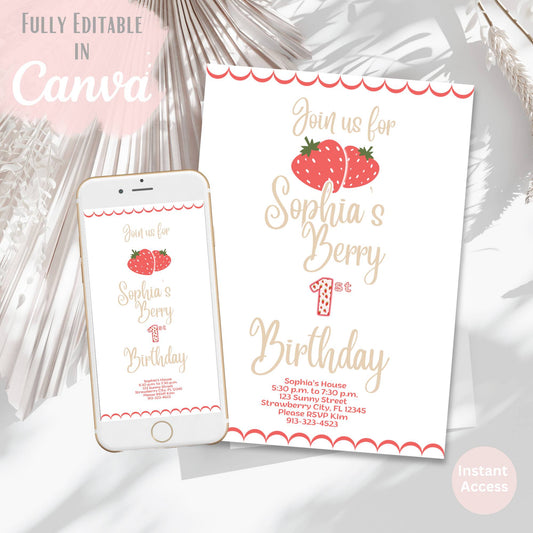 Berry First Birthday Invitation Template | Editable Canva Invitation – Digital Printable by Digital Kim Designs