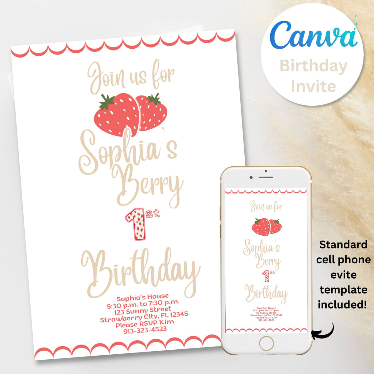 Berry First Birthday Invitation Template | Editable Canva Invitation – Digital Printable by Digital Kim Designs