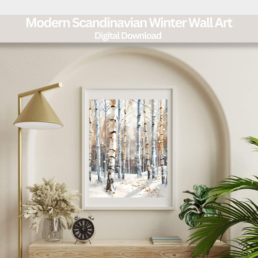 Birch Tree Winter Wall Art | Simple Nordic Forest Print | Minimalist Scandinavian Decor Digital Download – Digital Printable by Digital Kim Designs