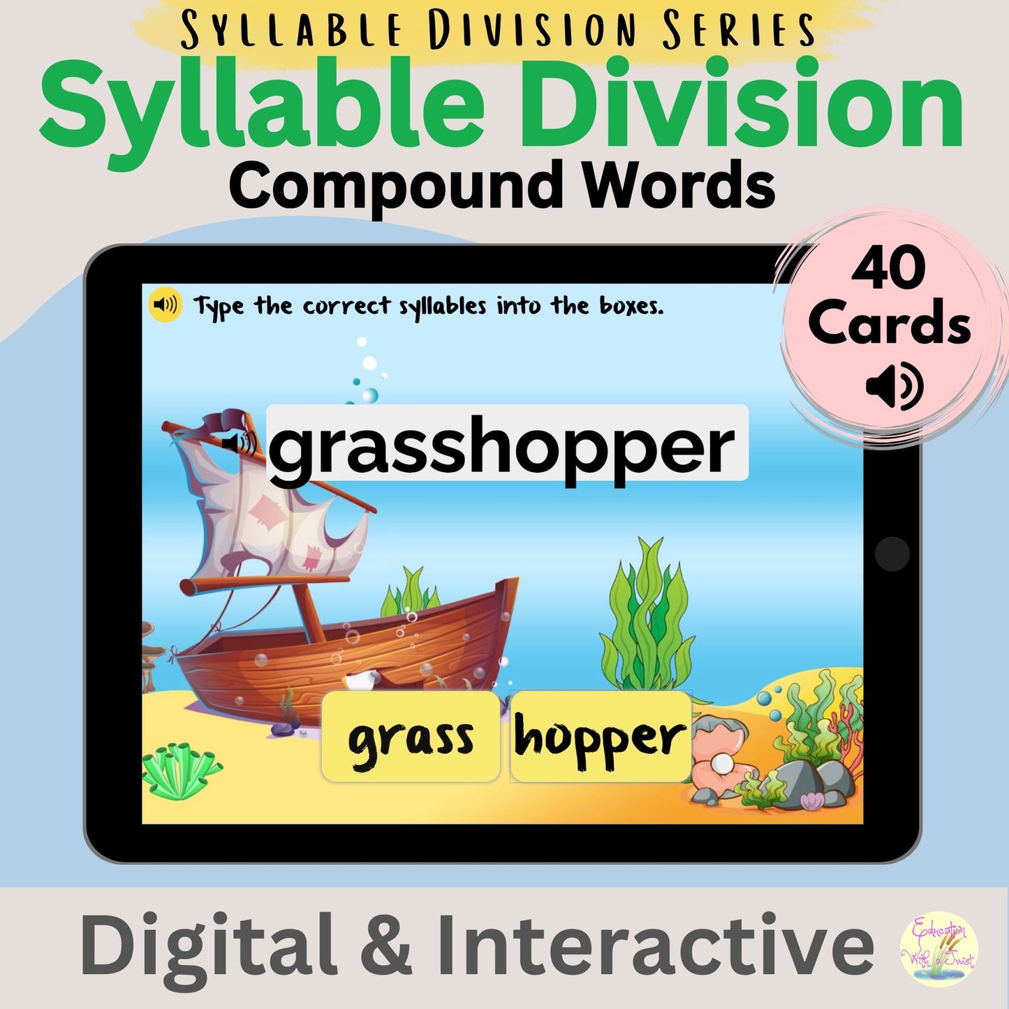 Compound Words Boom™ Cards | 40 Interactive Phonics Activities for Syllable Division – Digital Printable by Digital Kim Designs