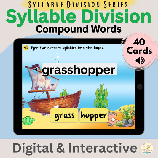 Compound Words Boom™ Cards | 40 Interactive Phonics Activities for Syllable Division – Digital Printable by Digital Kim Designs