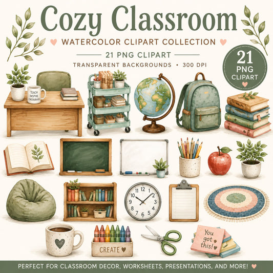 Cozy Classroom Watercolor Clipart | 21 PNG Classroom Graphics – Digital Printable by Digital Kim Designs