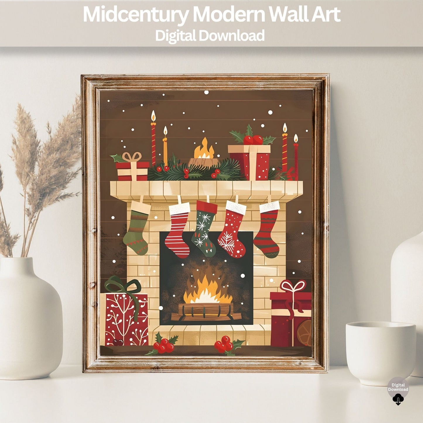 Cozy Fireplace Christmas Wall Art | Holiday Mantel Print | Festive Winter Home Decor Digital Download – Digital Printable by Digital Kim Designs