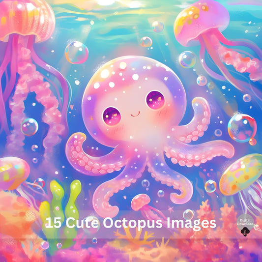 Cute Octopus Watercolor Art Set | 15 Kawaii Ocean JPEG Images – Digital Printable by Digital Kim Designs