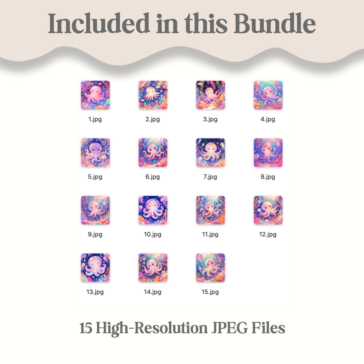 Cute Octopus Watercolor Art Set | 15 Kawaii Ocean JPEG Images – Digital Printable by Digital Kim Designs