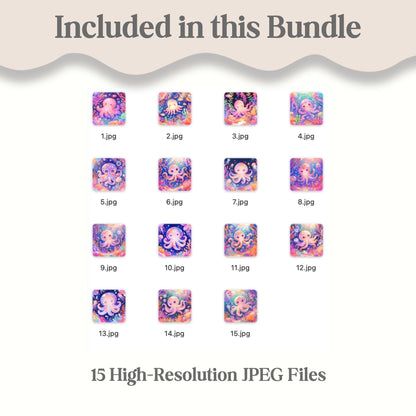 Cute Octopus Watercolor Art Set | 15 Kawaii Ocean JPEG Images – Digital Printable by Digital Kim Designs