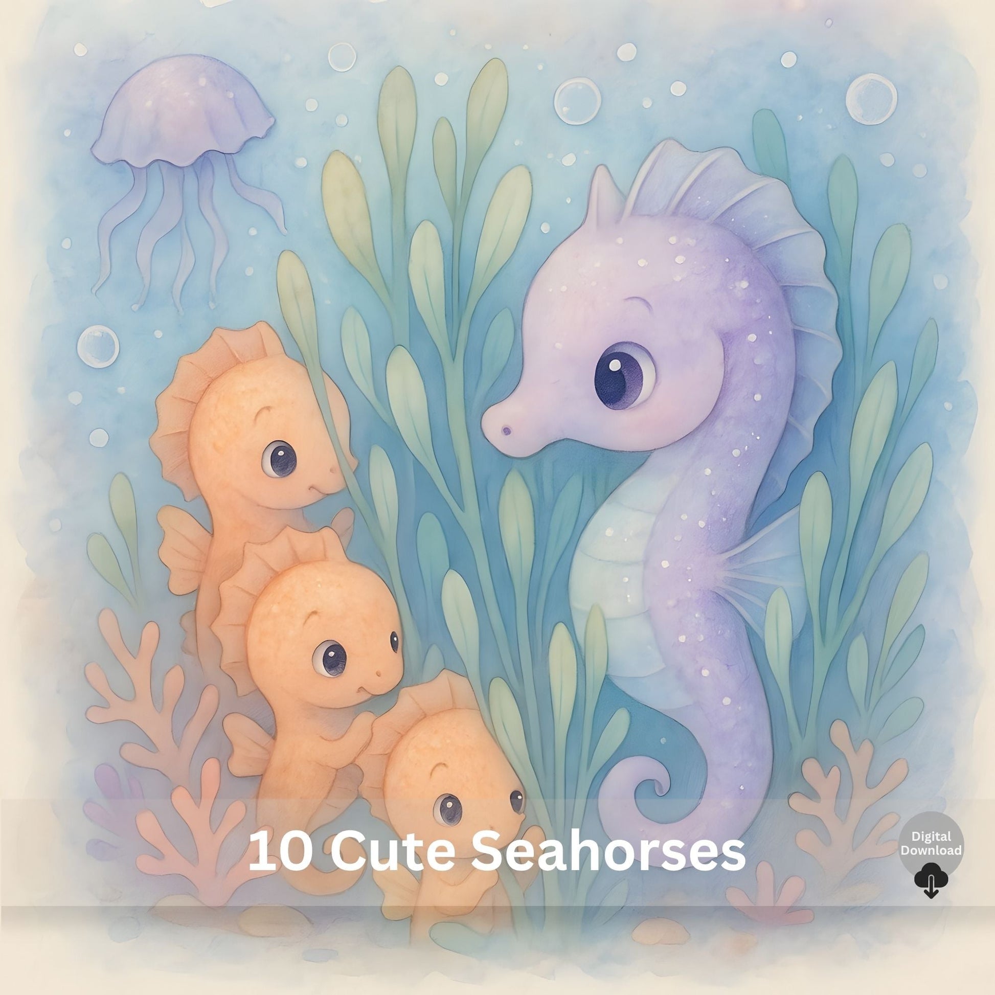 Cute Seahorse Watercolor Art Set | 10 Kawaii Ocean JPEG Images – Digital Printable by Digital Kim Designs