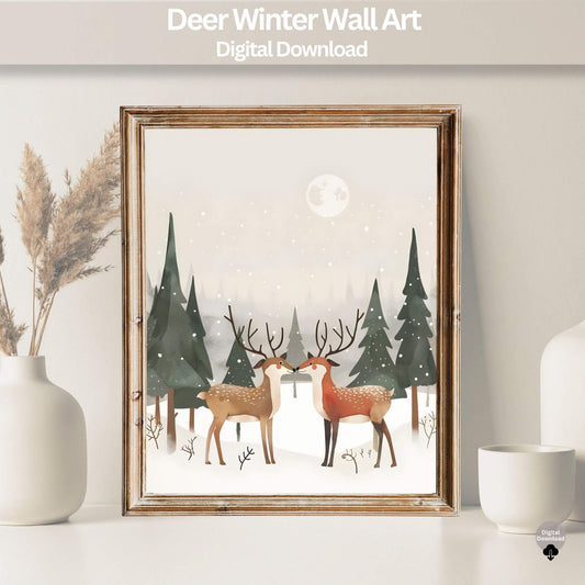 Deer Winter Wall Art | Cozy Nordic Christmas Print | Woodland Snow Scene Home Decor Digital Download – Digital Printable by Digital Kim Designs