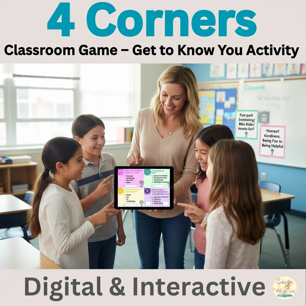 Digital Kim Designs 4 Corners classroom icebreaker game on a tablet with a teacher and students in a school setting