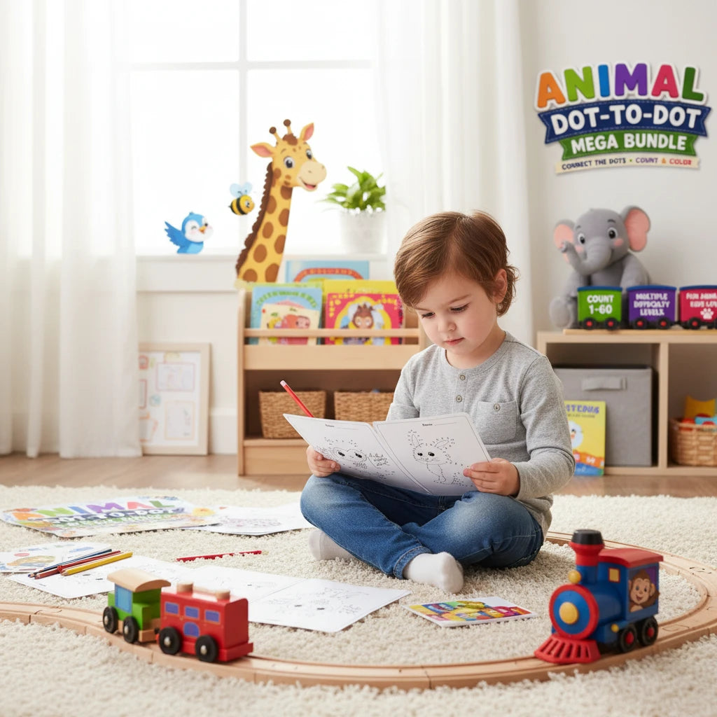 Digital Kim Designs animal dot-to-dot activity book being used by a child sitting on a rug with toy trains.