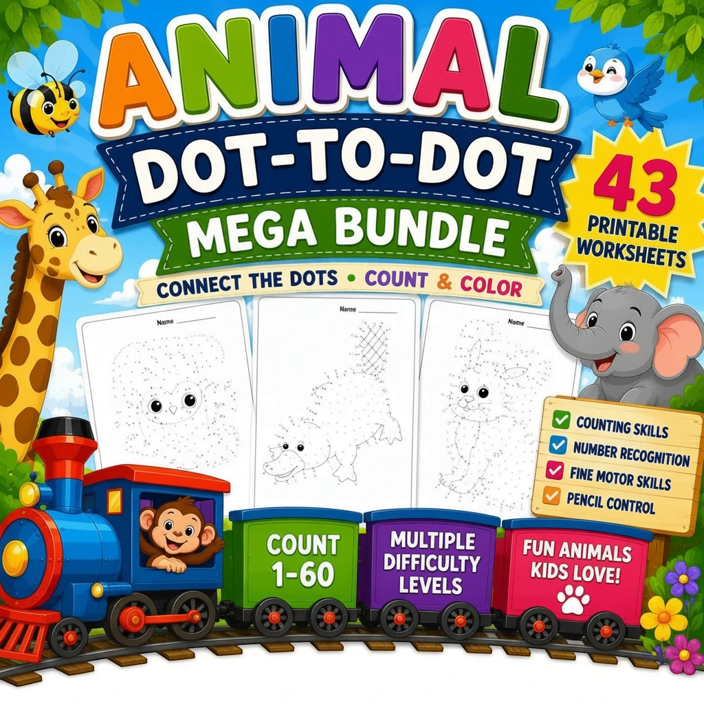 Digital Kim Designs animal dot-to-dot activity book with 43 printable worksheets for kids to practice counting skills.
