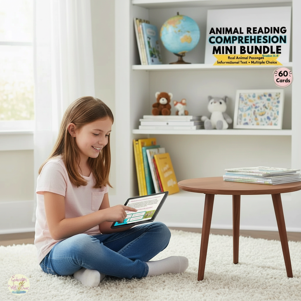 Digital Kim Designs animal reading comprehension Boom Cards on a tablet used by a young girl sitting on a rug.