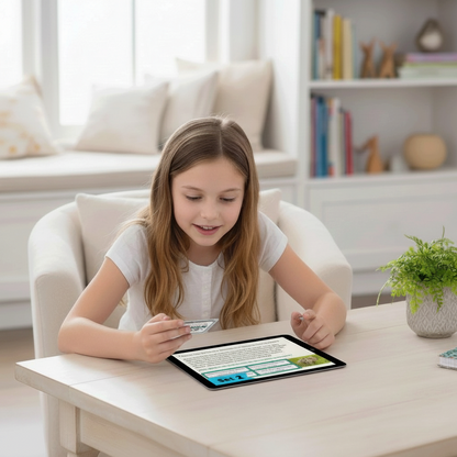 Digital Kim Designs animal reading comprehension Boom Cards on a tablet being used by a young girl at a desk