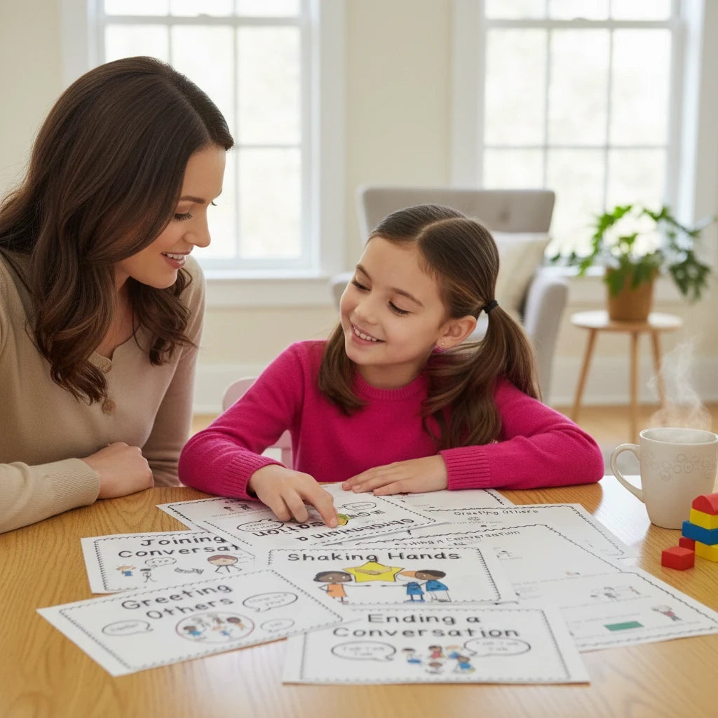 Digital Kim Designs printable social stories for autism featuring conversation and greeting skills on a wooden table