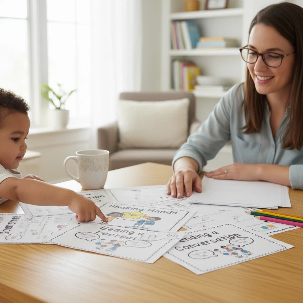 Digital Kim Designs printable social stories for autism featuring illustrations on conversation and greeting skills.