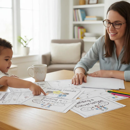Digital Kim Designs printable social stories for autism featuring illustrations on conversation and greeting skills.