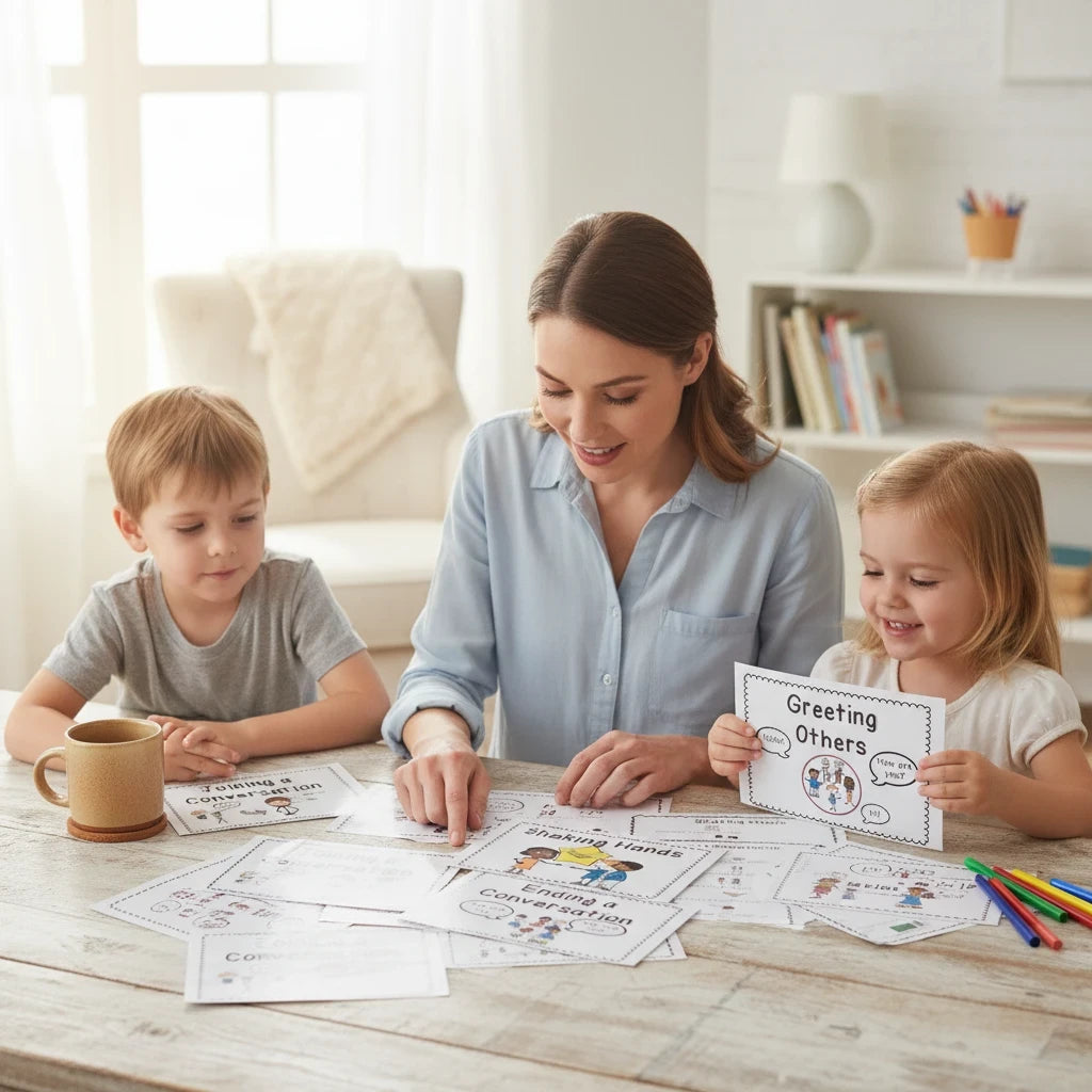 Digital Kim Designs printable social stories for autism, featuring a teacher and children using conversation cards.