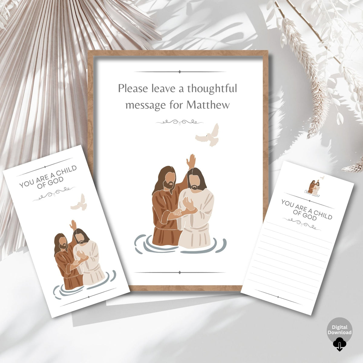 Digital Kim Designs LDS baptism guest note cards and sign featuring minimalist illustrations of Jesus and baptism.