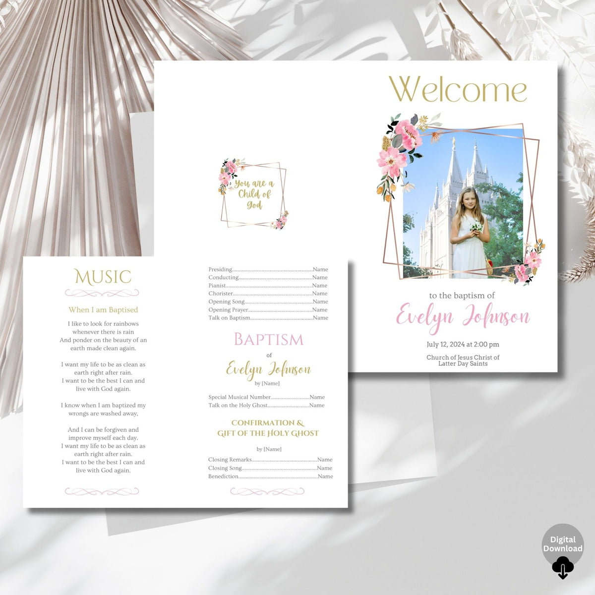 Digital Kim Designs editable LDS girl baptism program template with pink floral accents, gold text, and photo space.