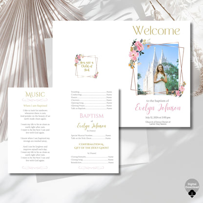 Digital Kim Designs editable LDS girl baptism program template with pink floral accents, gold text, and photo space.