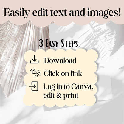 Digital Kim Designs editable baptism program template instructions showing three easy steps to download and edit