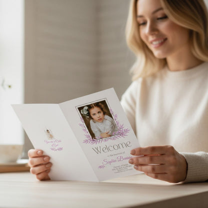 Digital Kim Designs editable LDS baptism program template for girls featuring purple floral accents and photo space