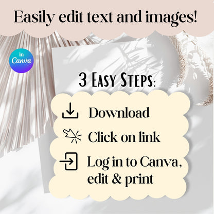 Digital Kim Designs LDS baptism program kit instructions showing three easy steps to edit templates in Canva