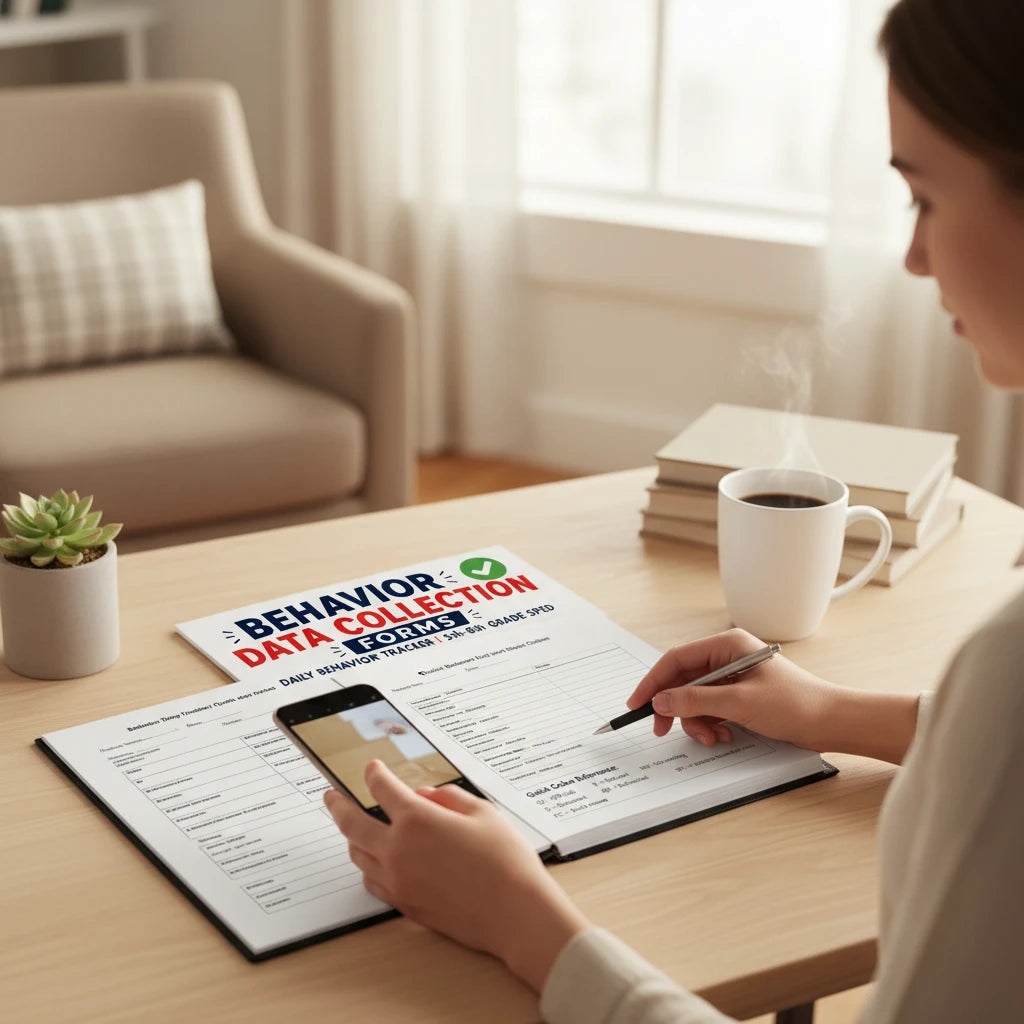 Digital Kim Designs behavior data collection forms on a desk with a person writing notes and holding a smartphone.