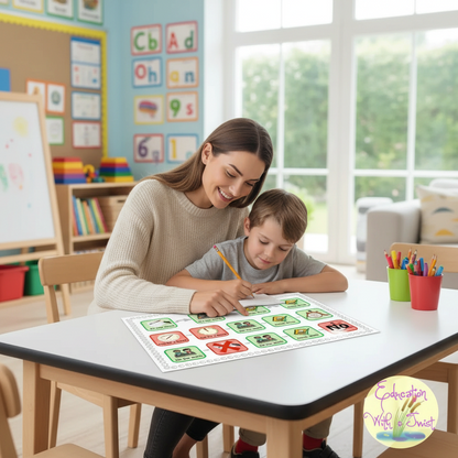 Digital Kim Designs behavior support visual map on a classroom table with a teacher helping a student with schoolwork.
