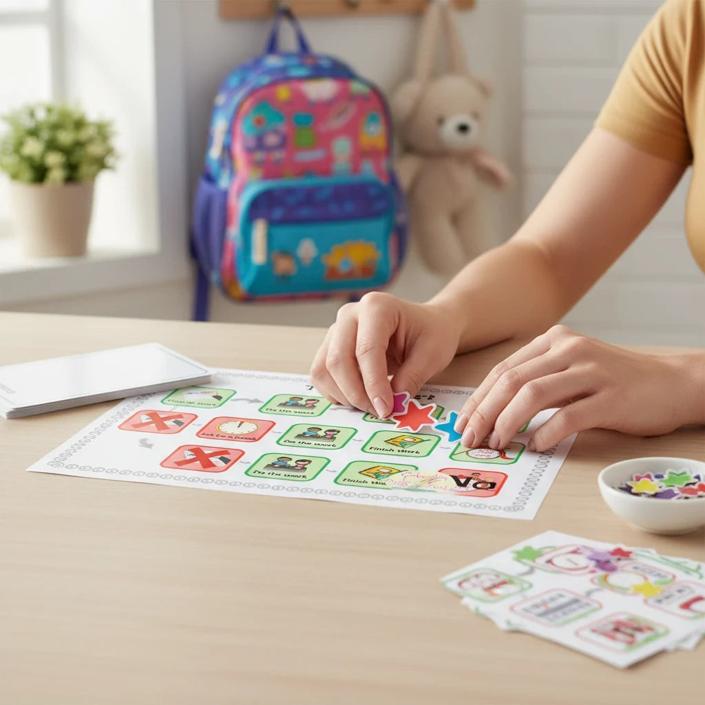 Digital Kim Designs behavior support visual map with hands placing star stickers on a classroom desk