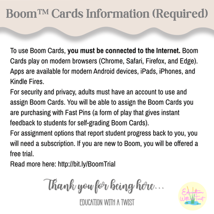 Digital Kim Designs Boom Cards information sheet for teachers explaining internet and account requirements.