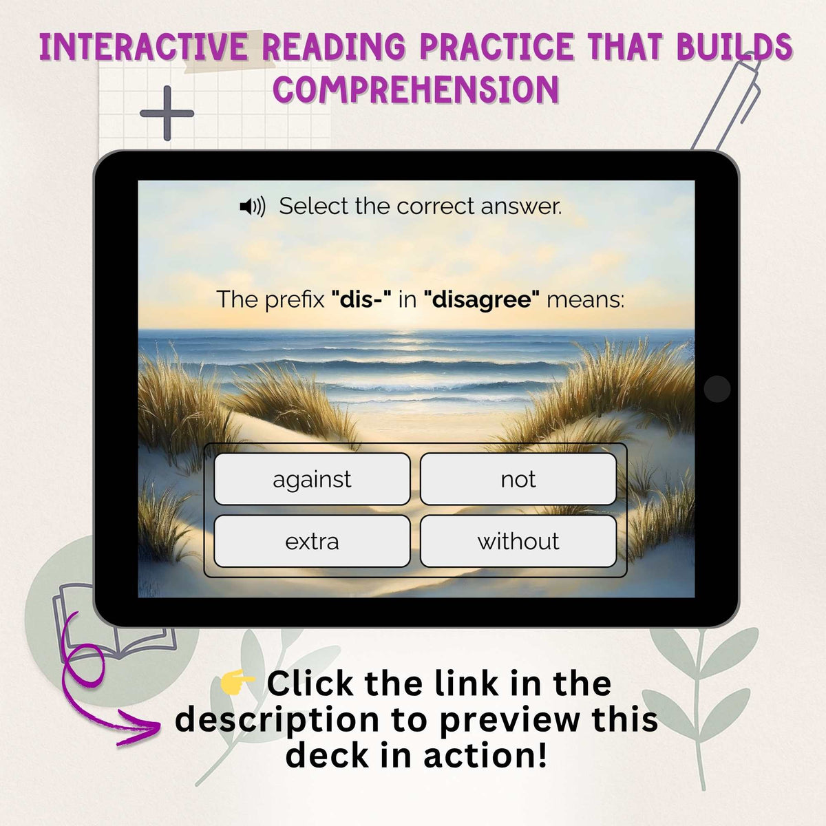 Digital Kim Designs interactive Boom Cards lesson on a tablet screen showing a multiple-choice question about prefixes.