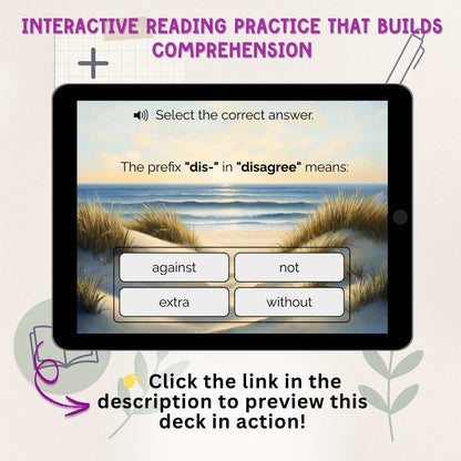 Digital Kim Designs interactive Boom Cards lesson on a tablet screen showing a multiple-choice question about prefixes.