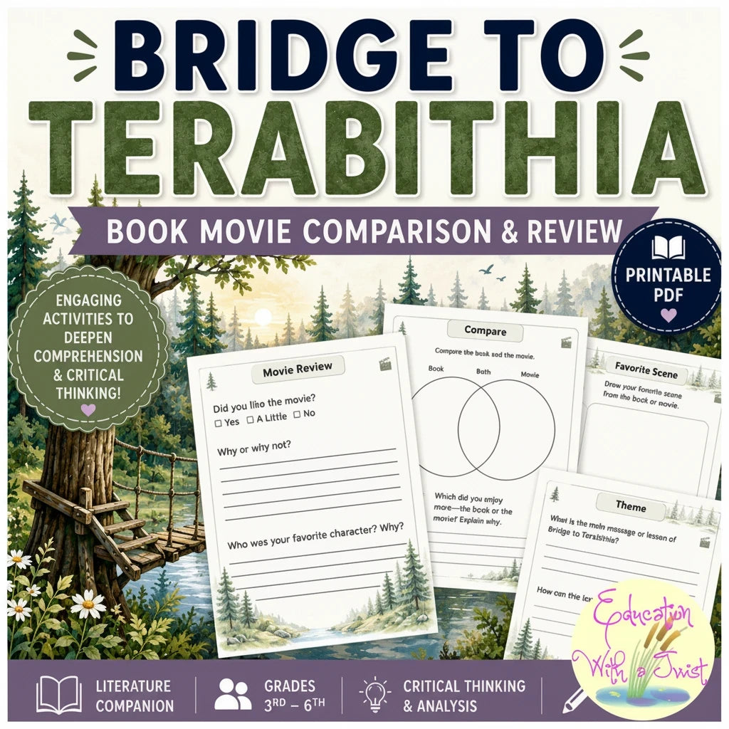 Digital Kim Designs Bridge to Terabithia printable PDF worksheets for book and movie comparison and analysis.