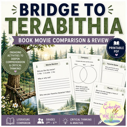 Digital Kim Designs Bridge to Terabithia printable PDF worksheets for book and movie comparison and analysis.