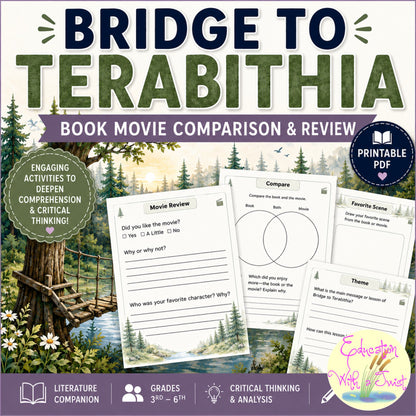 Digital Kim Designs Bridge to Terabithia printable worksheets for grades 3-6 featuring book and movie comparison tasks.