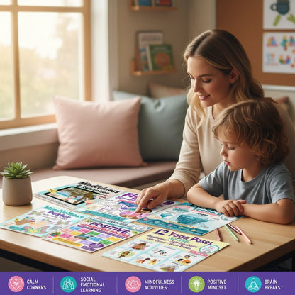 Digital Kim Designs Calm Corner bundle with SEL posters, mindfulness activities, and yoga poses for classroom learning.