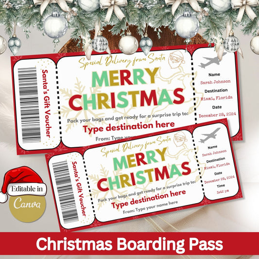 Digital Kim Designs editable Christmas boarding pass gift voucher template with festive red and green holiday graphics