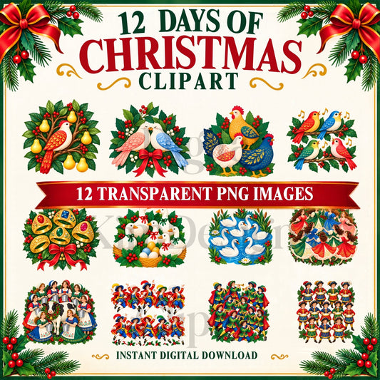 Digital Kim Designs 12 Days of Christmas clipart set featuring 12 whimsical, vibrant festive storybook illustrations.