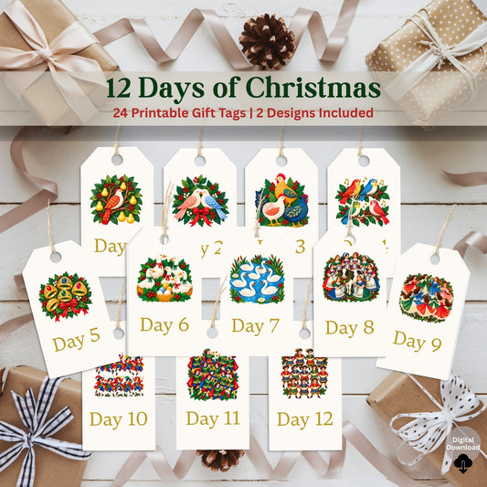 Digital Kim Designs 12 Days of Christmas printable gift tags featuring whimsical holiday illustrations on white cardstock